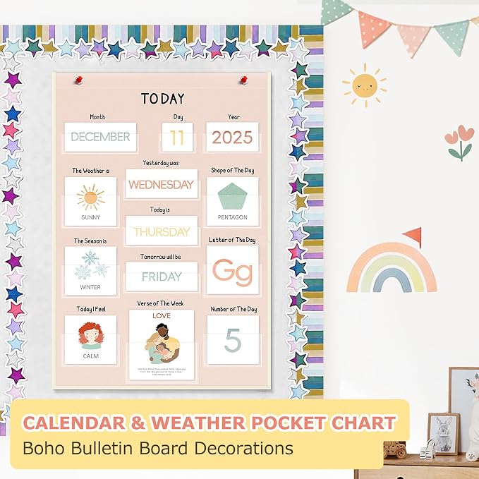 ALSLEA All About Today Calendar and Weather Pocket Chart, 21½" x 14¼" Small Boho Calendar for Kids, Preschool Circle Time Learning Center Toddler Learning Activities Chart, Homeschool Teacher Essentials 155 Cards