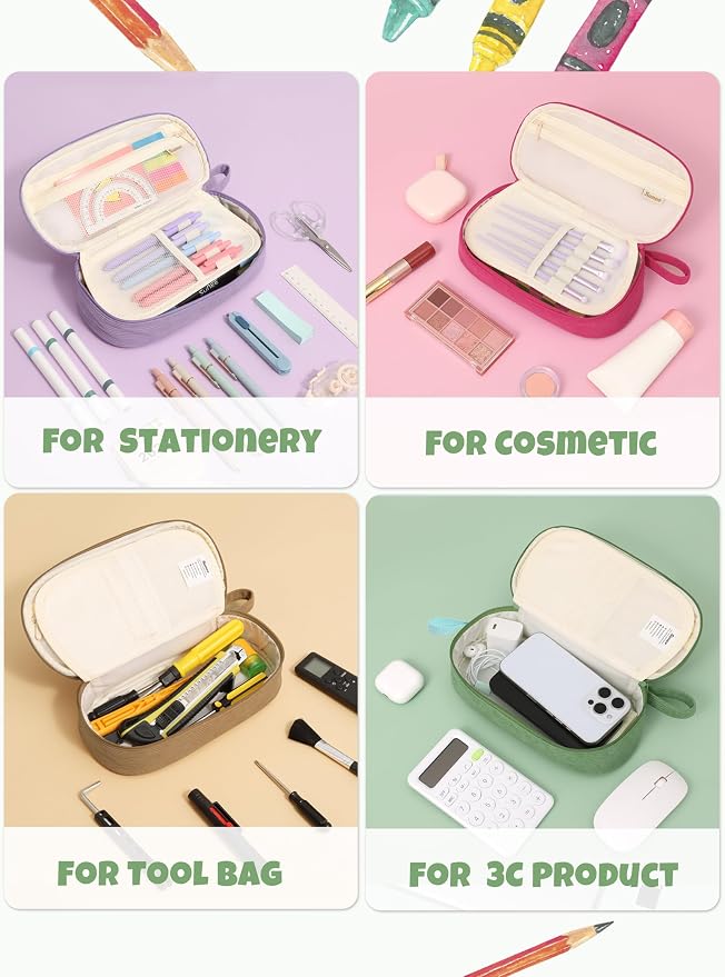 SUNEE Cute Pencil Case, Large Pencil Pouch, Soft Corduroy Fabric Big Pencil Bag with Zipper, Kawaii Pen Bag Stationery Storage and Organizer, School Supplies for Teen, Student, Boys, Girls, Soft Green