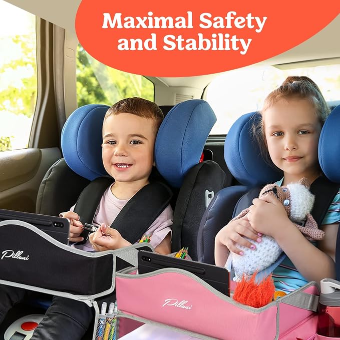 PILLANI Kids Travel Tray for Car - Toddler Travel Essential with iPad Holder & Dry Erase Board - Road Trip Essentials - Carseat Table - Toddler Lap Desk Organizer for Airplane - Kids Travel Essentials