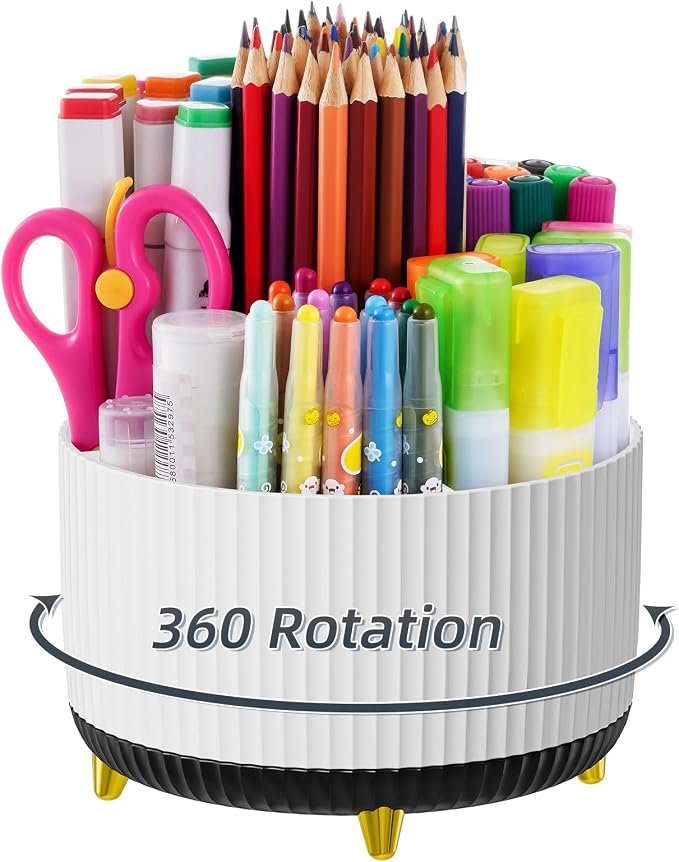 Marbrasse Desk Organizer, 360-Degree Rotating Pen Holder, Desk Organizers and Accessories with 5 Compartments Pencil Holder, Art Supply Storage Box Caddy for Office, Home (White+Black)