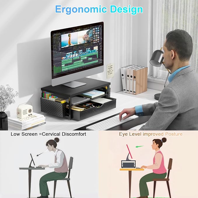 gianotter Desk Organizers and Accessories, Monitor Stand with Drawer and 2 Pen Holder, Desktop Organizer Suitable for Offices and Dormitories (Black-Plain)