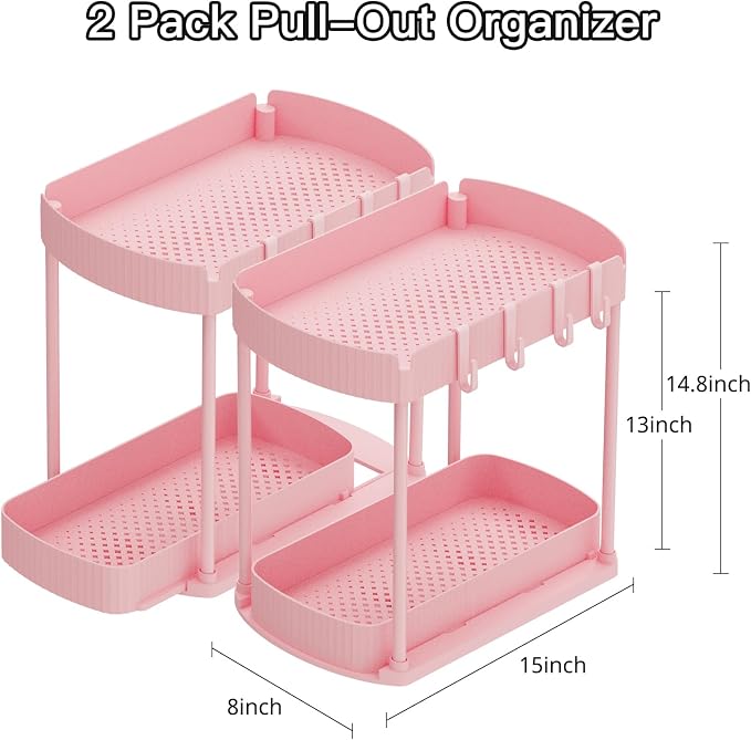 Ukeetap 2 Pack Multi-Purpose Pull-Out Storage Organizers, Under Sink Organizers and Storage for Bathroom & Kitchen, Under Cabinet Organizers and storage, 14.8 Inch, Pink
