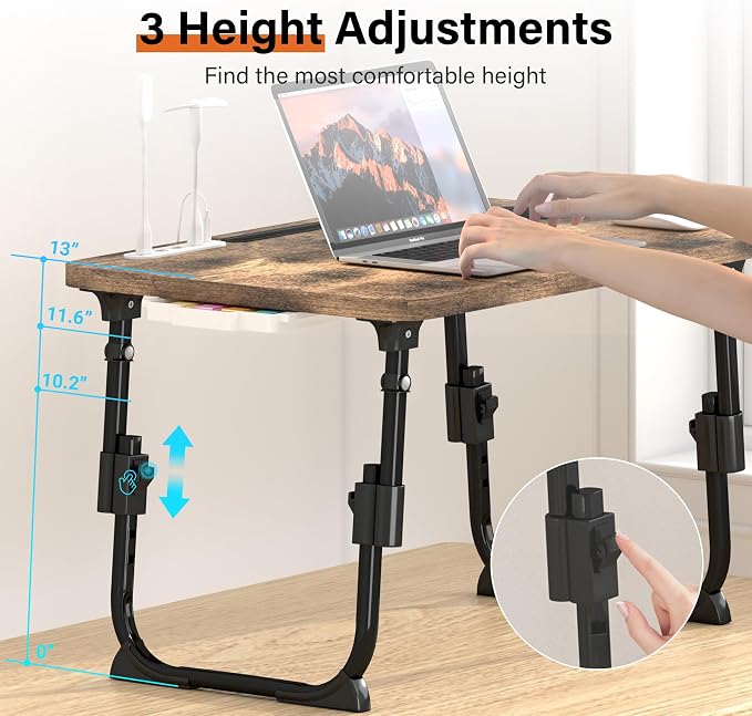 Lap Desk for Bed, Adjustable Laptop Desk with USB Charging Port, Storage Drawer & Bookshelf — Foldable Bed Desk for WFH & Students, 23.6" Desktop Fits 17" Laptop, Non-Slip, Carbonized
