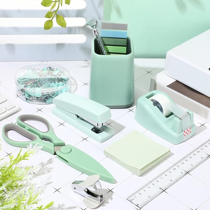 Marspark 12 Pcs Sage Green Office Supplies Desk Accessories Set Pen Holder Tape Dispenser Stapler Staple Remover Staples Tape Ruler Scissor Pen Sticky Note Index Tab Clips Set for Office School Home