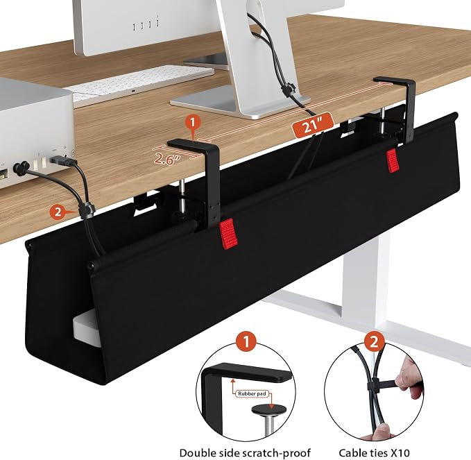 Univivi No Drill Under Desk Cable Management Tray, 36" Cord Organizer for Table, Clamp/Screw Mount Desk Cable Management, Premium Fabric Cable Management Tray for Office, Home