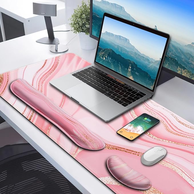 Gimars 4 in 1 Mouse Pad and Keyboard Wrist Rest Set, Large Mouse Pad with Memory Foam Wrist Support Pad for Desk with Coaster, Easy Typing Pain Relief, Gaming Office Home, 31.5x12 inch, Pink Golden