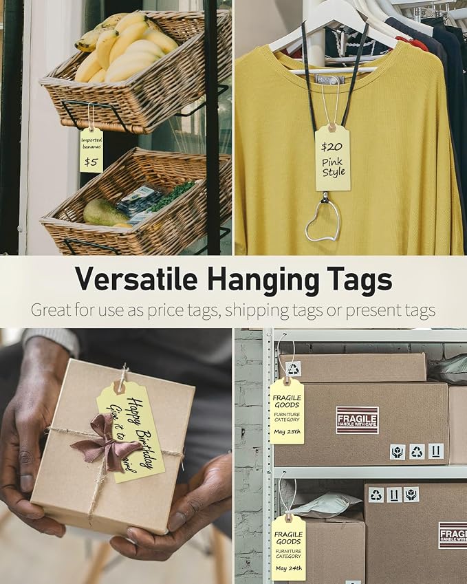 Uniclife 72 Pcs Blank Shipping Tags with Elastic String Attached Cardstock Paper Hang Tags with Reinforced Eyelet Large Marking Price Tag Inventory Label Tag, Beige (4.7" x 2 3/8")