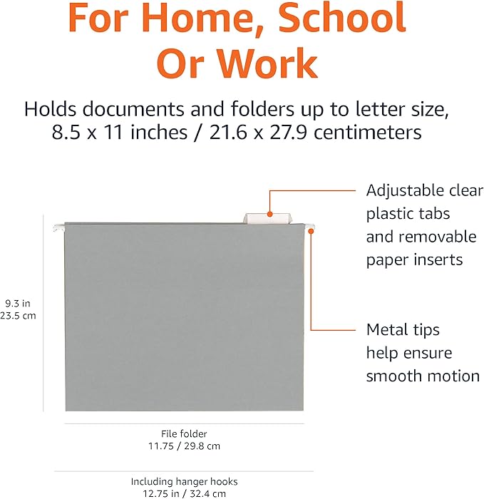 Amazon Basics Hanging File Folders with Adjustable Tabs for Document Organization, Letter Size, Gray, 50-Pack