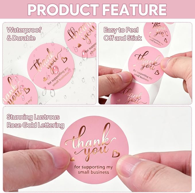500Pcs Pink Thank You Stickers Roll - 4 Rose Gold Foil Font Designs, 1.5 Inch Thank You Stickers for Small Business, Round Self-Adhesive & Waterproof Labels for Packaging Orders Envelopes Gift Boxes