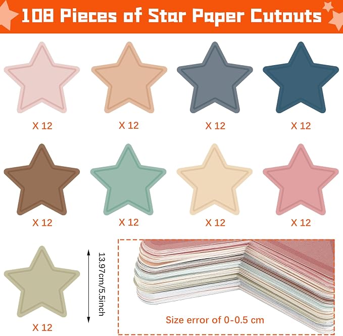 Geyee 108 Pcs Star Cutouts Paper Boho Classroom Decor Bulletin Board Stars Assorted Colors Die Cut for Teachers DIY Craft Projects Office School Chalkboard Wall Decor (5.5 Inch)
