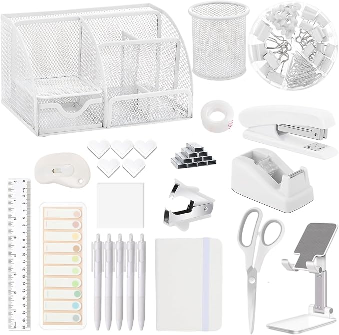 Office Supplies,Desk Accessories,Stapler and Tape Dispenser Set,1000 Staples,Staple Remover,Pen Holder,Folding Phone Holder,Journal Notebook,Ballpoint Pen,Scissor,Ruler,Clear Tape,Sticky Notes,Ect