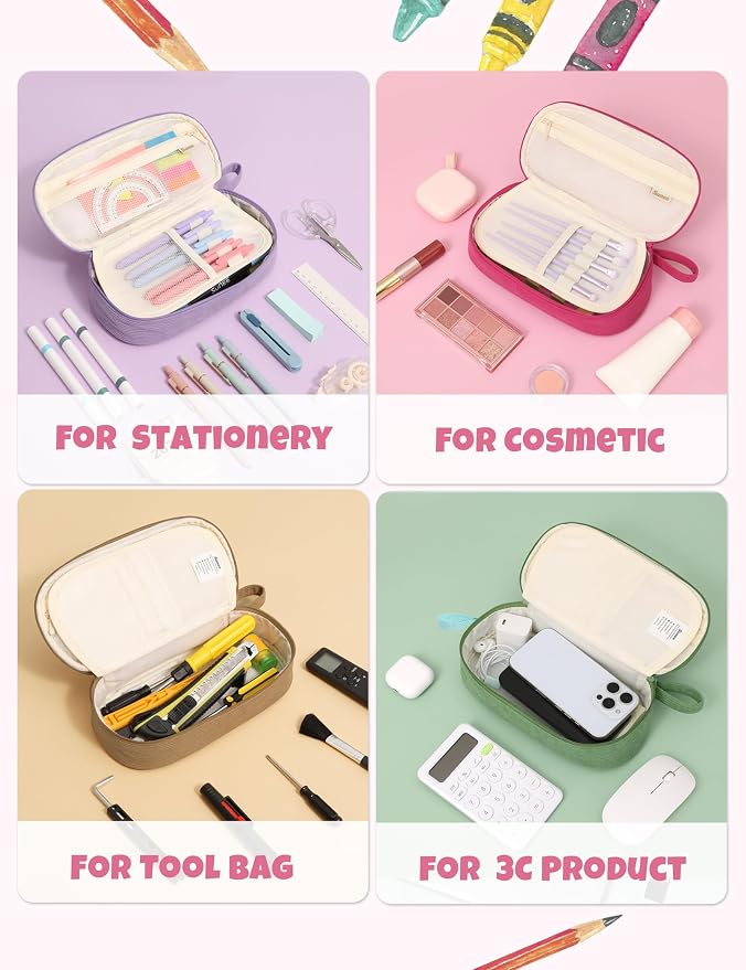 SUNEE Cute Pencil Case, Large Pencil Pouch, Soft Corduroy Fabric Big Pencil Bag with Zipper, Kawaii Pen Bag Stationery Storage and Organizer, School Supplies for Teen, Student, Boys, Girls, Berry Pink