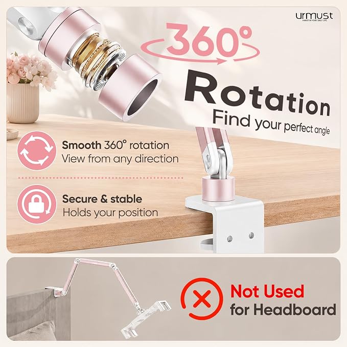 Urmust Portable Monitor Stand 15.6", iPad Stand for Desk, Portable Monitor Holder up to 18.5", Adjustable Desktop Tablet Arm Mount, iPad Holder for Desk, for 4.7"-12.9" i Pad Pro/Air/Mini Pink