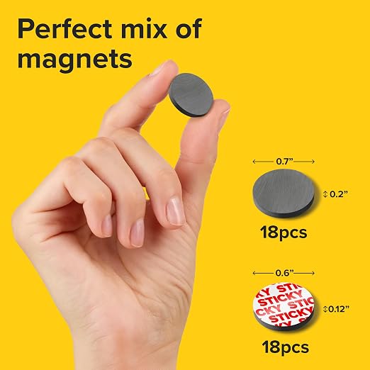 Ultra-Strong Ceramic Round Magnets with Adhesive Backing (2 Sizes Mix, 36 pcs) – Heavy Duty Sticky Magnets, Non-Corrosive, Versatile for Home, Office, Workshop, Whiteboard, Fridge and Hobby Use