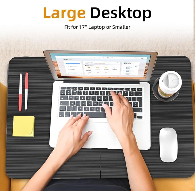 BUYIFY 23.4" Foldable Lap Desk Bed Table with Cup Holder Portable TrayBlack | Folds Flat for Easy Storage, No Assembly Laptop Bed Desk, Sturdy and Lightweight, Versatile for Work Eat Study, Patent Design