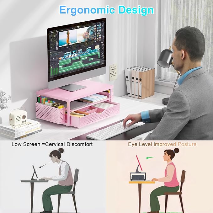 gianotter Desk Organizers and Accessories, Monitor Stand with Drawer and 2 Pen Holder, Desktop Organizer Suitable for Offices and Dormitories (Pink-Plain)