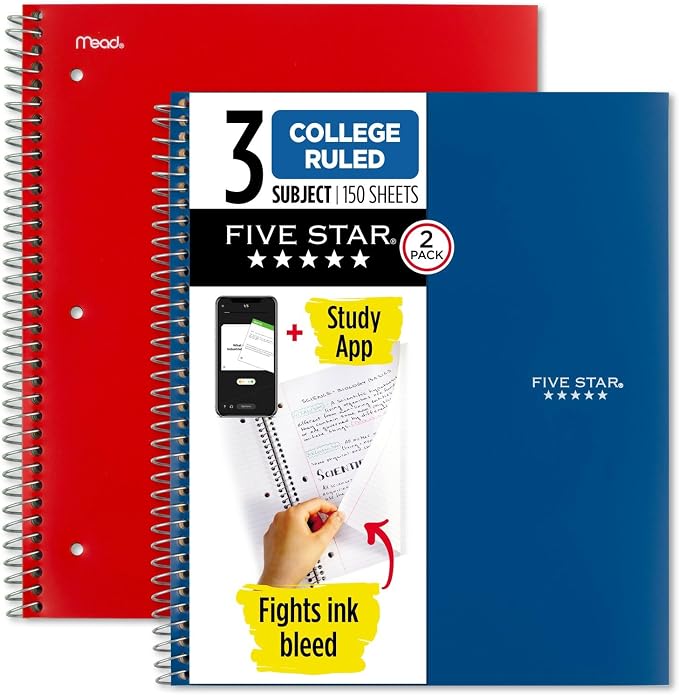 Five Star Spiral Notebooks Plus Study App, 2 Pack, 3 Subject, College Ruled Paper, 11" x 8-1/2", 150 Sheets, Blue & Red (38502)
