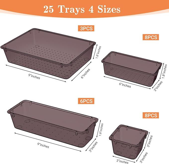 SpaceHacks 25 PCS Plastic Drawer Organizer Set, 4-Size Versatile Organizer Trays & storage Bins for Makeup, Jewelry, and Gadgets in Bathroom, Bedroom and Office,Brown