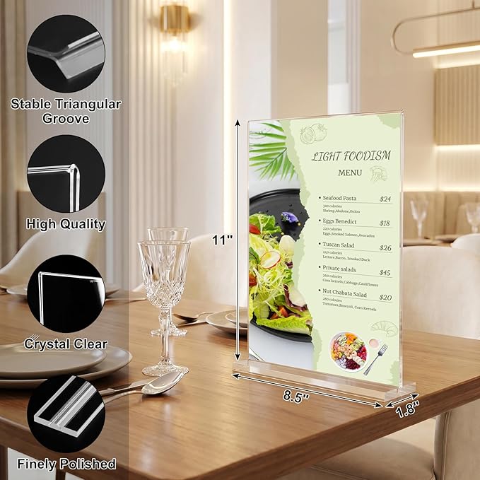 xydstay 8.5 x 11 Acrylic Sign Holder 2 Pack, Vertical T Shape Clear Plastic Menu Holder, Table Display Stand for Restaurant, Office, School, Store and Home Use