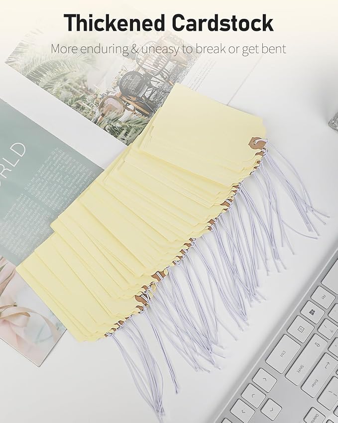 Uniclife 72 Pcs Blank Shipping Tags with Elastic String Attached Cardstock Paper Hang Tags with Reinforced Eyelet Large Marking Price Tag Inventory Label Tag, Beige (4.7" x 2 3/8")