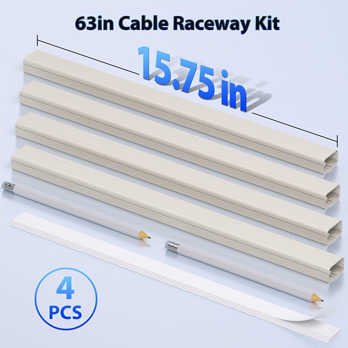 ZhiYo Large Capacity Wire Hiders for TV on Wall for 2-4 Cords, 63in (4xL15.8in) PVC Cable Cover with Adhesive Tape, Snap and Lock Design for Wall Mounted TV, Beige Cord Covers for Wires on Wall