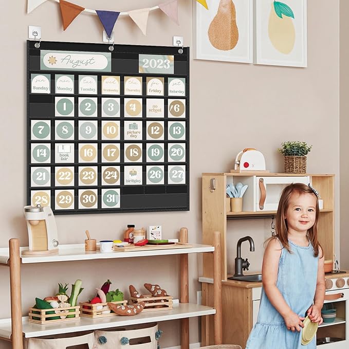 EAMAY Classroom Monthly Calendar Pocket Chart for 2.75 * 2.75 Cards,Homeschool Supplies and Classroom Must Haves! Only Chart(Black)