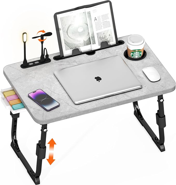 Lap Desk for Bed, Adjustable Laptop Desk with USB Charging Port, Storage Drawer & Bookshelf — Foldable Bed Desk for WFH & Students, 23.6" Desktop Fits 19" Laptop, Non-Slip, Light Stone Texture