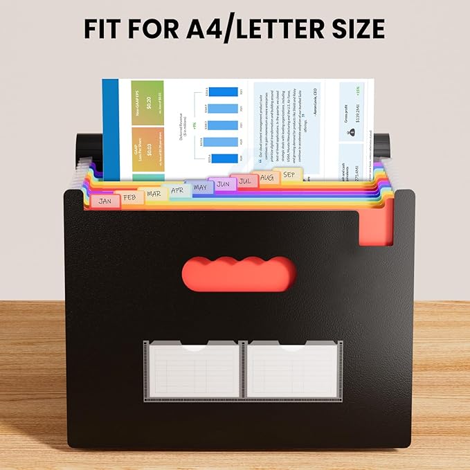 Sooez Accordion File Organizer, 13 Pockets Expanding File Folder, Portable Monthly Paper Bill Tax Receipt Organizer, Letter A4 Size Document Holder with Blank Labels, White