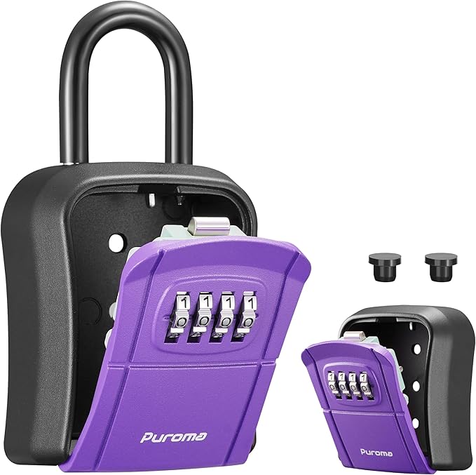 Puroma Key Lock Box, Portable Combination Lockbox Wall-Mounted Key Storage Box for House Keys, Resettable Code Safe Security Lock Box for Home, Office, Apartment Spare Key Storage (1 Pack, Purple)