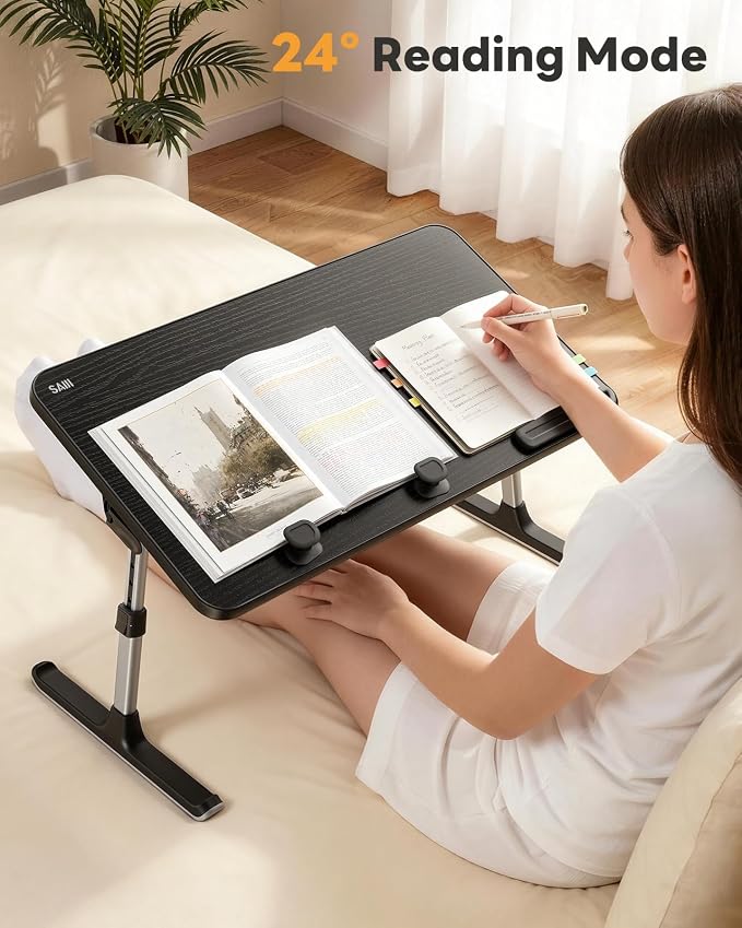 Desk, Table, SAIJI Adjustable Laptop Stand, Breakfast Tray, 5 Heights, 4 Angles, Stable Folding Table for Bed Sofa Desk, Suitable for Laptops up to 17 Inches (60 x 33 cm Black)