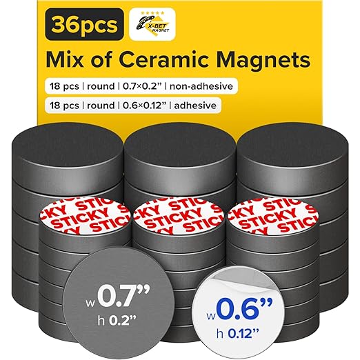 Ultra-Strong Ceramic Round Magnets with Adhesive Backing (2 Sizes Mix, 36 pcs) – Heavy Duty Sticky Magnets, Non-Corrosive, Versatile for Home, Office, Workshop, Whiteboard, Fridge and Hobby Use