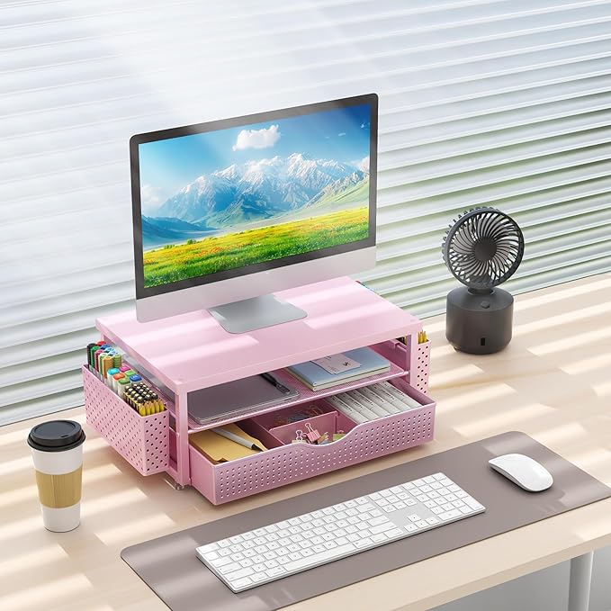 gianotter Desk Organizers and Accessories, Monitor Stand with Drawer and 2 Pen Holder, Desktop Organizer Suitable for Offices and Dormitories (Pink-Plain)