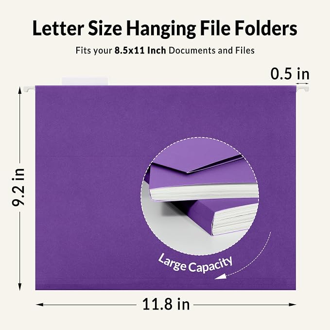 SUNEE 25 Pack Hanging File Folders, Purple Folders, Hanging File Folders Letter Size with 1/5-cut Tabs, Stay Organized for Your Home and Office Bulk File and Documents