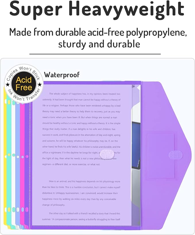 Forvencer Binder Pocket, 5 Pack Super Heavyweight Poly Binder Pocket with Tight Closure, Binder Folders Side Loading, 3 Ring, Binder Dividers with Pockets, Letter Size, Assorted Colors