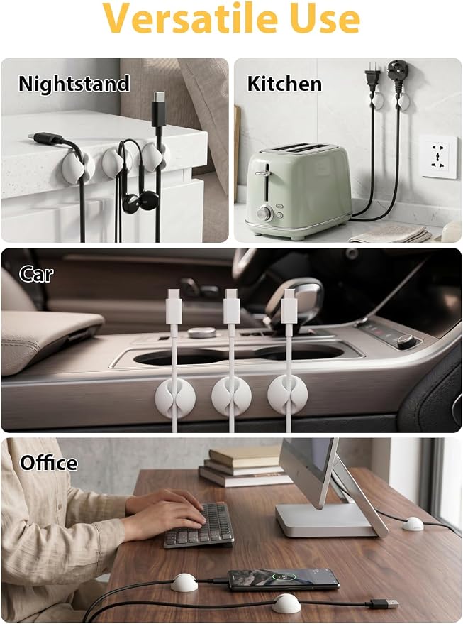 Shintop Cable Clips, 6 Pack White Cord Holder Cable Management Wire Organizer for Organizing Desk Nightstand Car Phone Charger