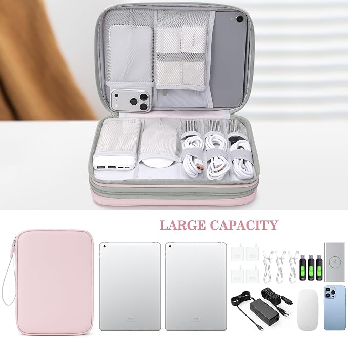 FYY Electronic Organizer, Extra Large Travel Cable Organizer Bag Pouch Portable Waterproof Double Layers All-in-One Storage Bag for iPad, Cable, Power Bank, Laptop Charger for Office/Home, Light Pink