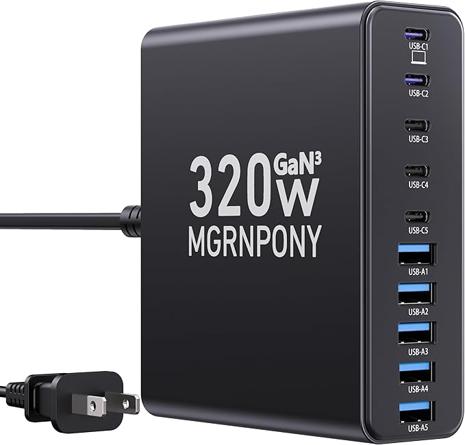 320W USB C Charger Block, 10-Port GaN USB C Charging Station Black | PD 65W Laptop Fast Charger Adapter for MacBook Pro/Air, DELL, iPad, iPhone, Samsung Galaxy