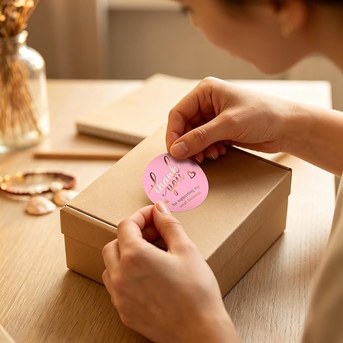 500Pcs Pink Thank You Stickers Roll - 4 Rose Gold Foil Font Designs, 1.5 Inch Thank You Stickers for Small Business, Round Self-Adhesive & Waterproof Labels for Packaging Orders Envelopes Gift Boxes
