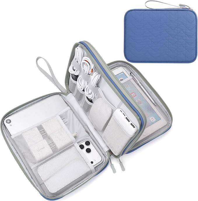 FYY Electronic Organizer, Extra Large Travel Cable Organizer Bag Pouch Portable Waterproof Double Layers All-in-One Storage Bag for iPad, Cable, Power Bank, Laptop Charger for Office, Blue-Pattern