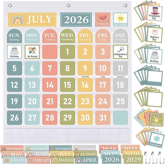 Sinload Classroom Calendar Pocket Chart Set Calendar Bulletin Board Set Seasons Festival Weather Pocket Chart for Classroom Decoration Back to School Supplies(Muted Boho,Muted)
