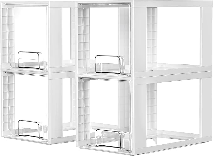 Vtopmart 4 Pack Large Stackable Storage Drawers,White,Easily Assemble Acrylic Bathroom Closet Undersink Organizers and Storage,Plastic Bins for Kitchen Cabinets,Pantry,Makeup,Medicine Organization