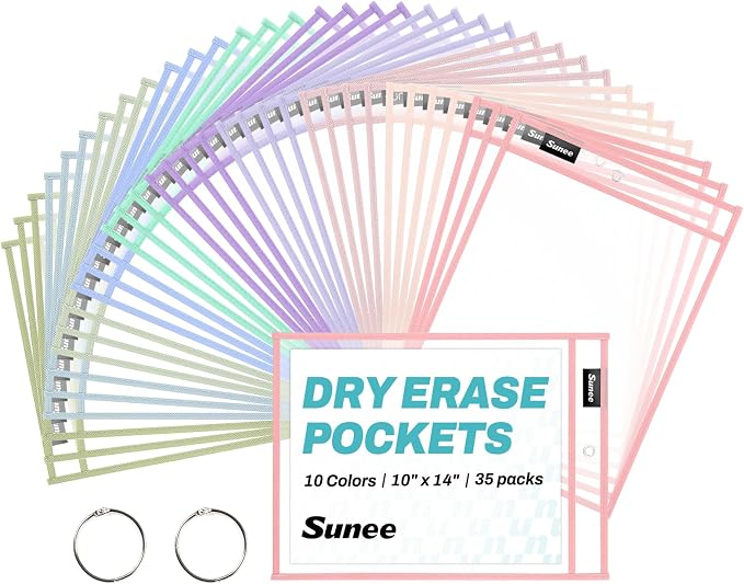 SUNEE 35 Packs Oversized Reusable Dry Erase Pocket Sleeves with 2 Rings, 10 Morandi Colors 10x14 Ticket Holders, Clear Plastic Sheet Protectors, Teacher School Classroom Supplies