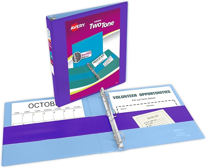Avery Two-Tone Durable View 3 Ring Binder, 1 Inch Slant Rings, Violet/Soft Blue Binder (17131)