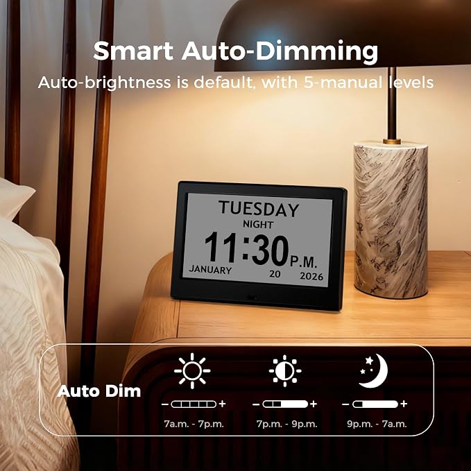 Pastigio 7‘’ Digital Clock, Dementia Clock with Date and Time, 10 Reminders, 6 Alarms, Auto-Dimming, Auto DST, Remote Control, Large Display Alarm Clock for Seniors, Elderly Must Haves Gifts