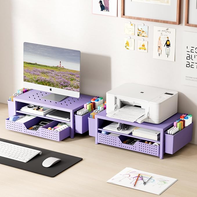 OPNICE Laptop Stand for Desk Organizer, Computer Monitor Stand Riser with Drawer and 2 Pen Holders, Ventilated Perforated Steel Top, Office Desk Accessories for Home Office Supplies, Purple