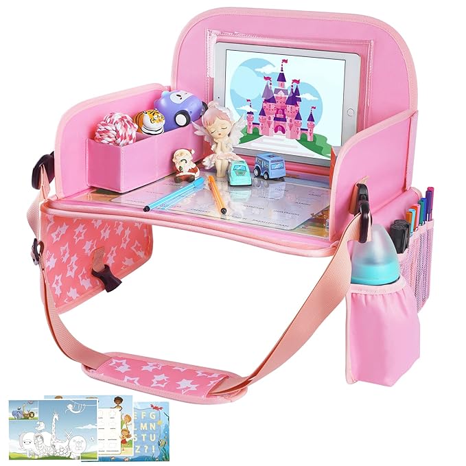 MENZOKE Kids Travel Tray for Toddler Car Seat, Road Trip Activities for Kids with iPad Holder Stand & Dry Erase Board, Road Trip Essentials Accessories Lap Tray as Travel Gifts for Kid, Pink