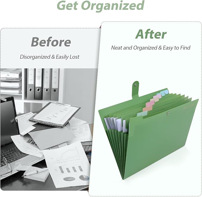 SKYDUE Expanding File Folder, Accordion File Organizer with 8 Pockets, Expandable Document Paper Receipt Holder for School Office Hospital, Letter/A4 Size Olive Green