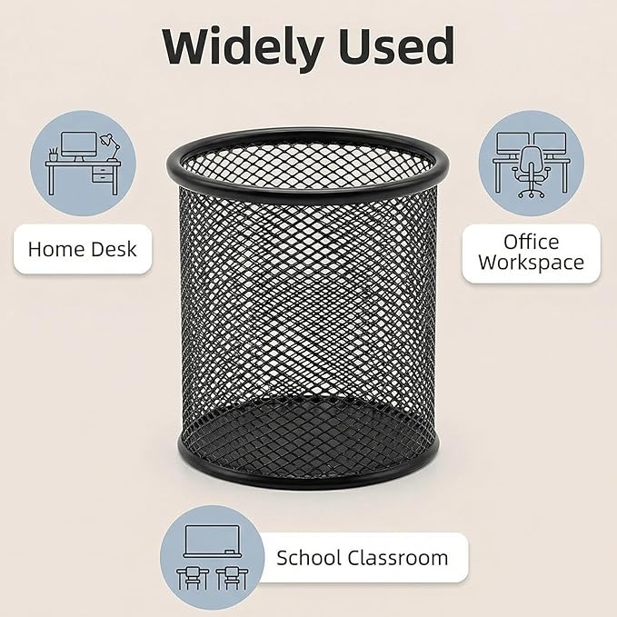 Pen Holder Mesh Pencil Holder Metal Pen Holder Cup Pencil Cup Holder for Desk Office Pen Organizer Black, 4 Pack