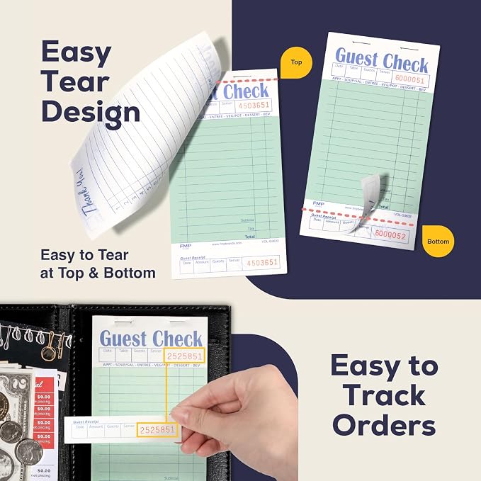 FMP Brands Guest Check Books for Servers, Server Note Pads, 10 Pack (500 Sheets), Green with Guest Receipt, Guest Check Pads, Restaurant Order Pads, Waitress Notepads