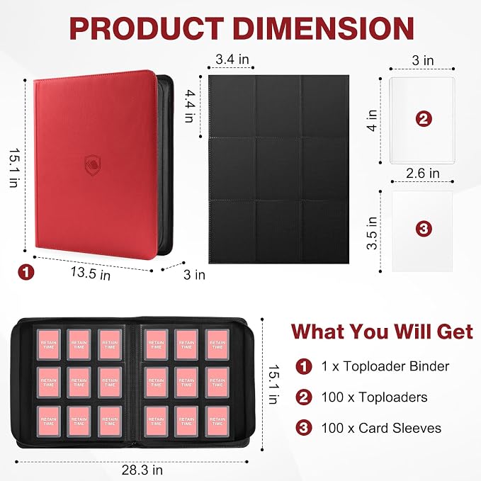 Toploader Binder, Holds 360 Toploaders, 100 Toploaders INCLUDED, 9-Pocket PU Cover Top Loader Binder for 3" x 4" Rigid Toploader, Ringless Double-Sided Toploader Card Binder for TCG, Sport Cards